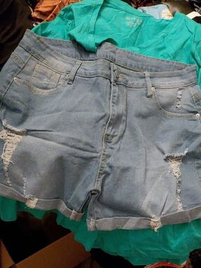 Women's Light Blue Distressed Denim Jean Shorts - Casual Rolled Hem